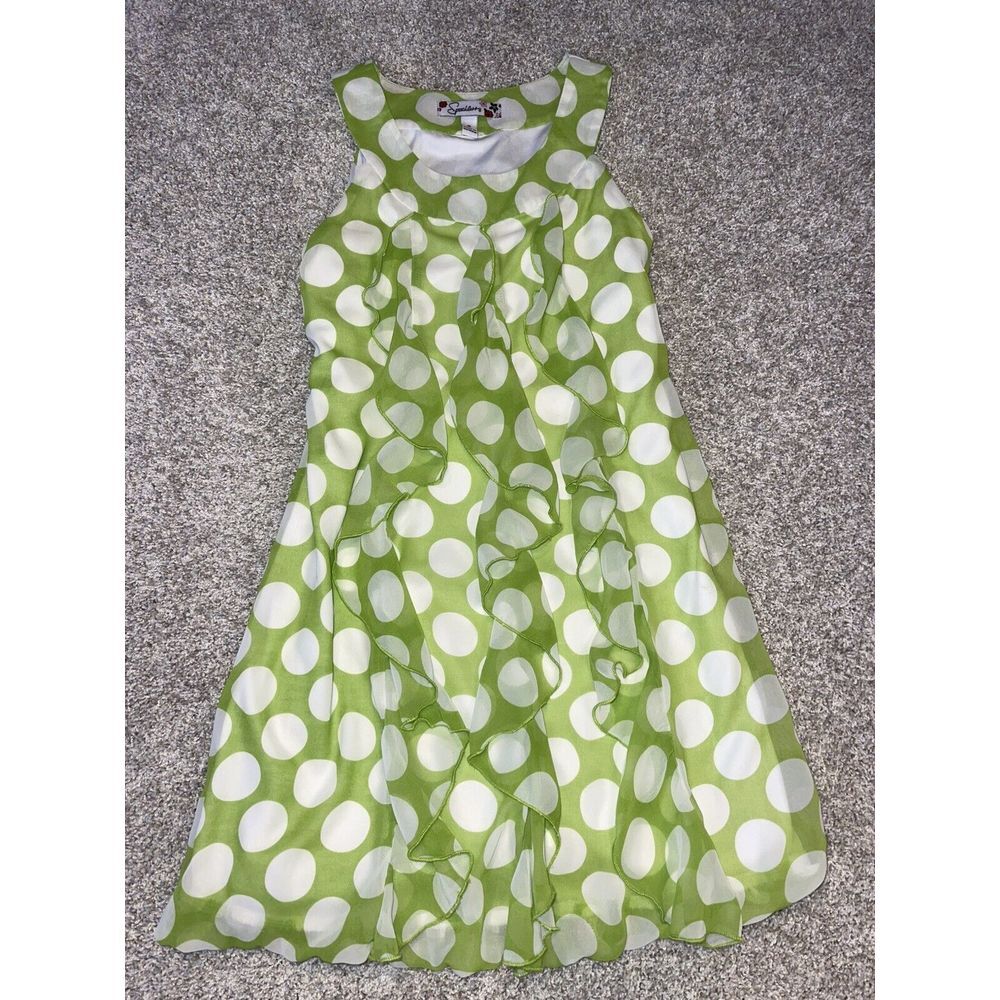 Speechless Girls Green White Polka Dot Dress Sz 8 Ruffle Sleeveless Easter